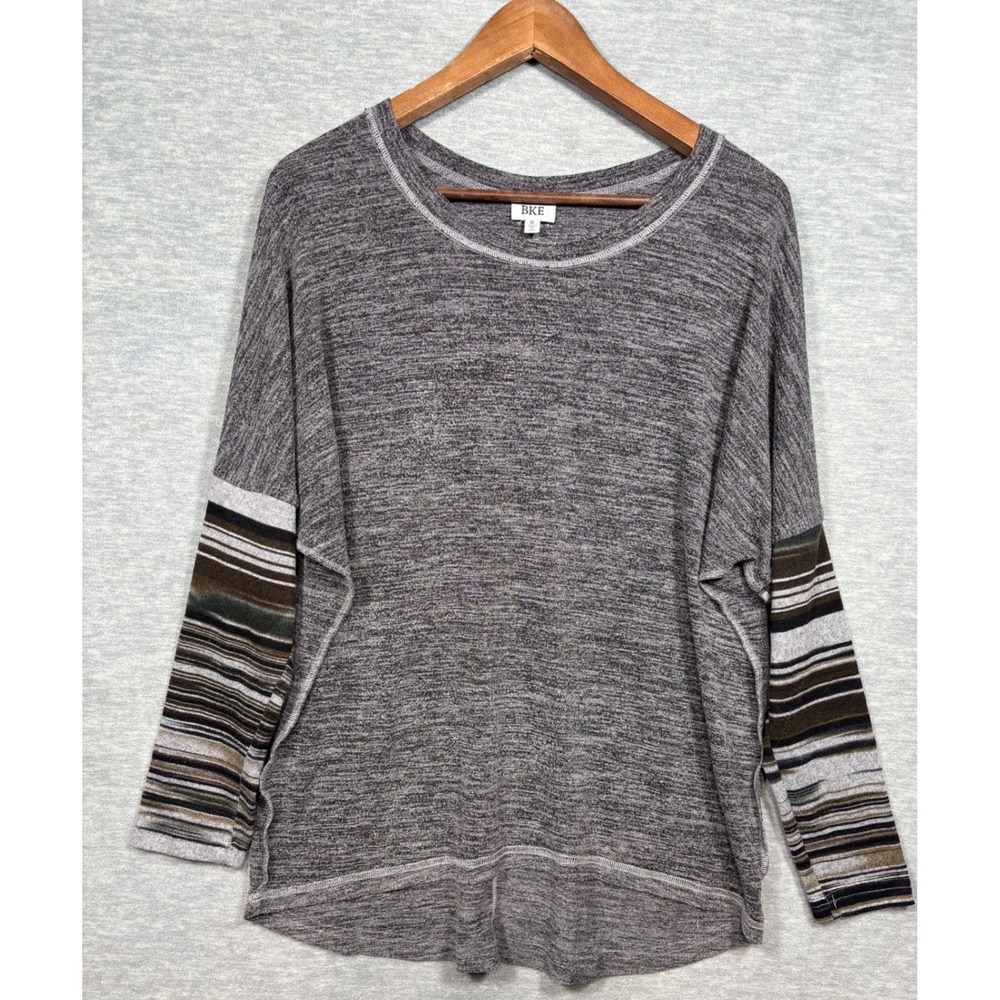 BKE Womens Grey Heathered Striped Sleeve Oversized Knit Top Size M